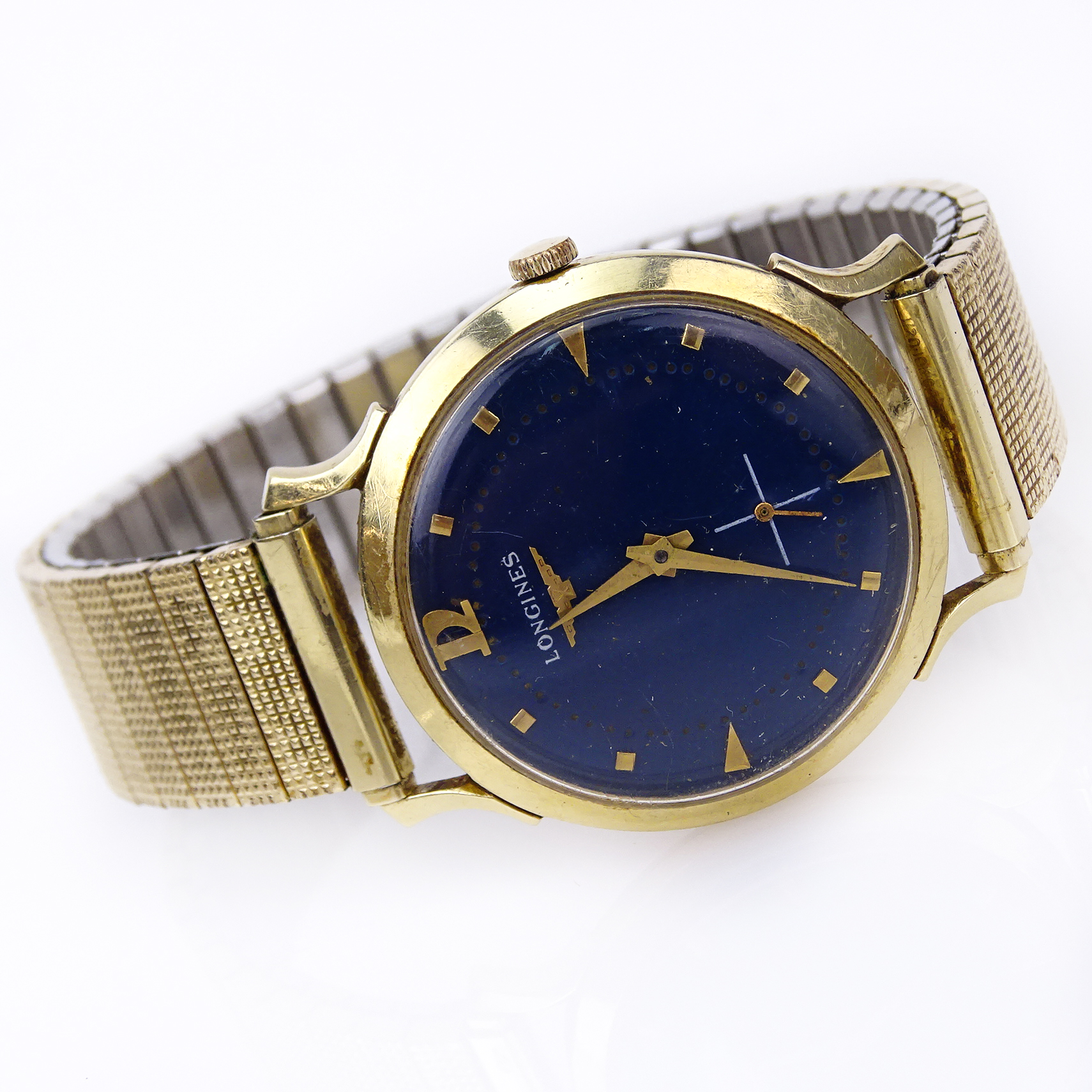 Man's Circa 1950s Longines Wittnauer 14 Karat Yellow Gold Watch with Blue Enamel Dial, Manual - Image 2 of 6