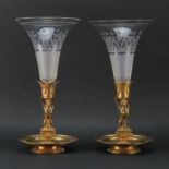 Pair Antique French Empire Ormolu and Etched Crystal Vases. Unsigned. Good condition. Measures 15-