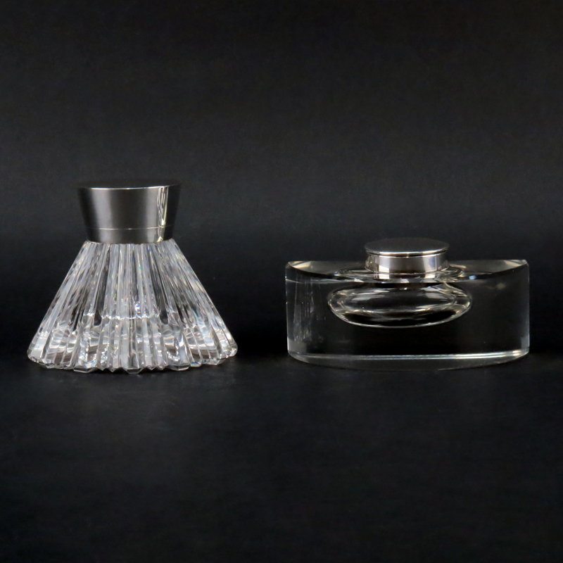 Grouping of Two (2) Modern English Sterling Silver and Crystal Inkwells. Stamped with makers mark