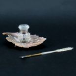 Vintage Sengbusch Mother of Pearl Inkwell and Dip Pen. Leaf form mother of pearl base and flower