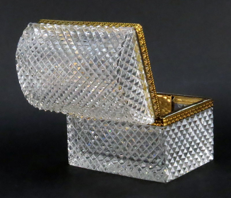 Antique Baccarat Style Crystal Casket Form Box. Bronze scroll work on hardware with faceted - Image 3 of 4