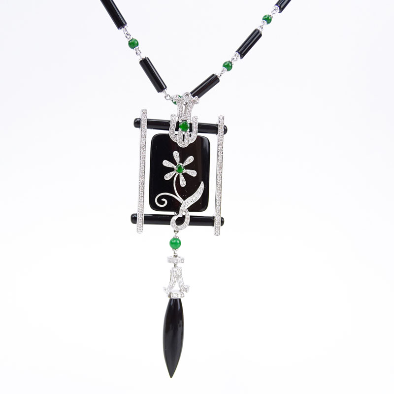 Art Deco style Approx. 1.25 Carat Diamond, Black Onyx, Jade and 18 Karat White Gold Pendant