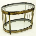 Bernhard Rohne (Mastercraft) Etched Brass Oval Glass Top Table. Lacquered wood with etched brass
