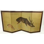 Mid 20th Century Four Panel Folding Screen. Depicts a doe and fawn. Unsigned. Good condition.