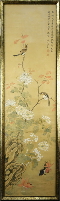 Late 19th or Early 20th Century Chinese Watercolor on Silk Scroll Painting. Red seal stamp marks and - Image 2 of 4