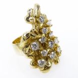 Lady's Round Brilliant Cut Diamond & 14 Karat Yellow Gold Nugget style Cluster Ring. 14K. F-G Color