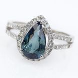 GIA Certified 1.90 Carat Pear Shape Natural Unheated Greenish Blue Sapphire, Micro Pave Set