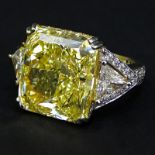 14.32 Carat Internally Flawless Rectangular Brilliant Cut Intense Yellow Diamond & Platinum Ring