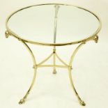 Modern Hollywood Regency Style Gilt Brass Round Glass Top Table. Decorated with rams heads figural