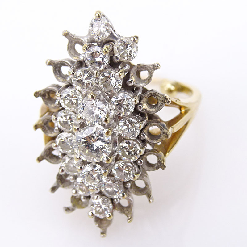Vintage Round Brilliant Cut Diamond and 14 Karat Yellow Gold Cluster Ring. Missing diamonds.