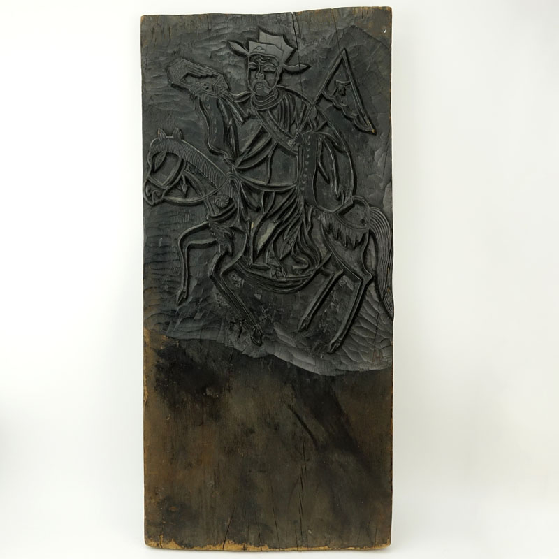 Chinese Two-Sided Carved Wood Panel. Depicts soldier on horseback on both sides. Unsigned. Age