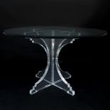 Mid Century Modern Lucite and Glass Top Table. Base needs a minor cleaning, small nick to glass top.