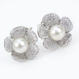 Approx. 7.50 Carat Pave Set Diamond, South Sea Pearl and 18 Karat White Gold Flower Earrings. Pearls