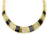 Vintage 18 Karat Yellow Gold, Diamond and Black Onyx Necklace. Stamped 18K. Good condition. Measures