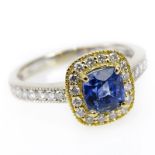 GIA Certified 1.20 Carat Cushion Cut Natural Unheated Sapphire, Diamond and 18 Karat White and