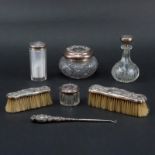 Art Nouveau Assembled Sterling and Glass Dresser Set. Includes brushes, bottles, jars, button