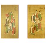 Two 19/20th Century Chinese Hand Painted Scrolls. Both with figures and prose. Toning and wear