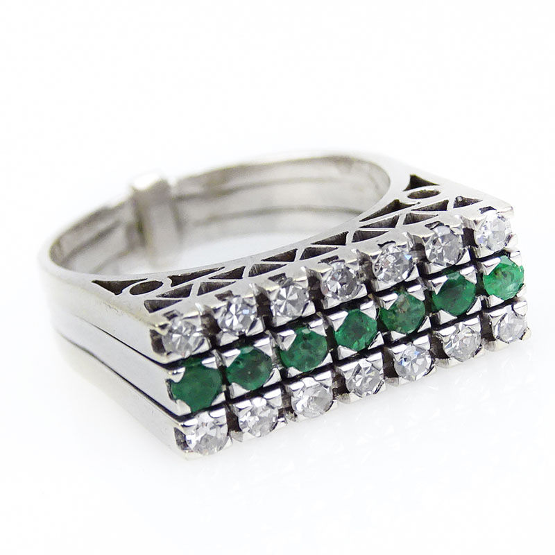 Vintage Diamond, Emerald and 18 Karat White Gold Band Comprised of Three Rings. Unsigned. Good