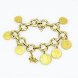 Vintage 18 Karat Yellow Gold Charm Bracelet with Seven Gold Coins Including Cuban, Mexican, Peruvian