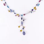 Cartier style 53.16 Carat Multi Color Gemstone, 1.48 Carat Diamond and 18 Karat White Gold Necklace.