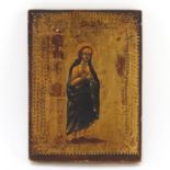 19/20th Century Russian Gilt Painted Wood Icon. Unsigned. Typical wear throughout, Craquelure.