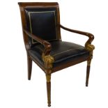 20th Century Louis XVI Style Carved Mahogany Desk Chair. Gilt polychrome carved acanthus leave