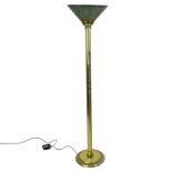 Attributed to Mastercraft Polished Brass and Polychrome Floor Lamp. Decorated with modern openwork