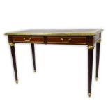 19/20th Century Louis XVI Style Mahogany Gilt Bronze Mounted Bureau Plat. Includes two fitted