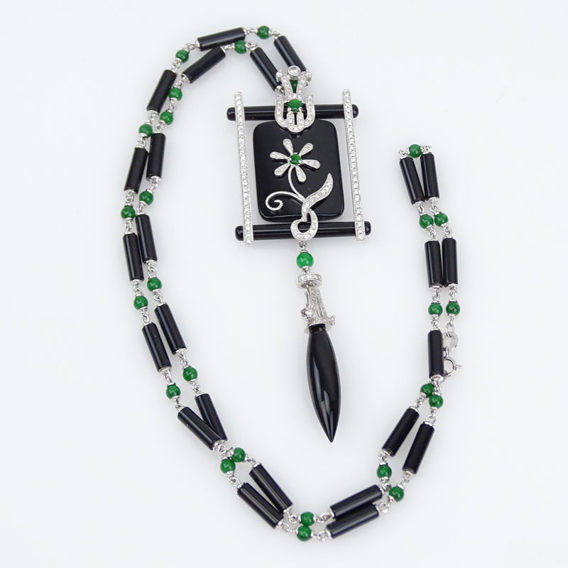 Art Deco style Approx. 1.25 Carat Diamond, Black Onyx, Jade and 18 Karat White Gold Pendant - Image 2 of 4