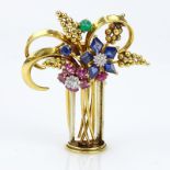 Circa 1940's 18 Karat Yellow Gold and Multi Gemstone Brooch set with Sapphires, Rubies, Emeralds and