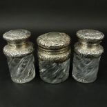 Three (3) Antique Repousse Sterling Silver and Swirl Glass Dresser-ware. Includes: two perfume