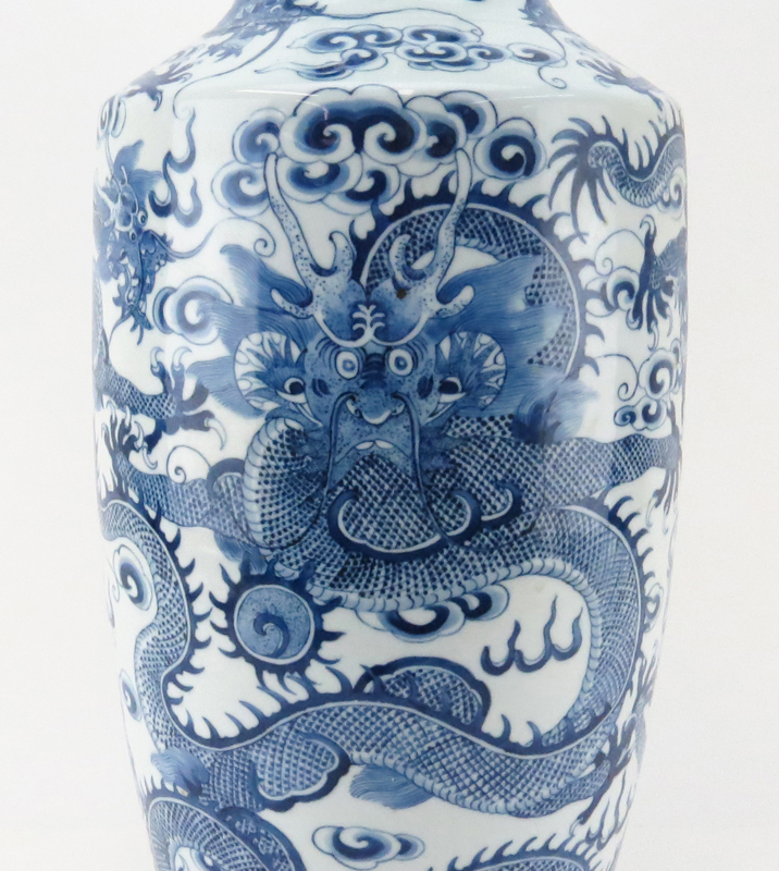 Large Chinese Blue And White Kangxi Style Porcelain Vase. Busy dragon motif. Double circle mark on - Image 2 of 4