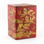 Vintage Japanese Lacquer Stacking Box. Floral Motif. Unsigned. Losses and wear. Measures 12-1/2" H x