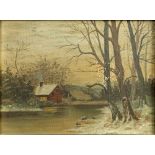 Small Antique Oil on Canvas "Cabin On The Lake" Initialed Lower Right EMB. Losses, "as is"