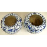 Pair of 20th Century Chinese Ming style Blue and White Porcelain Jardinières. Unsigned. Good