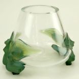 Lalique "Antinea" Crystal Vase. Frosted green art glass nymph relief feet. Signed Lalique France