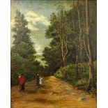 Early 20th Century South American School Oil on Canvas, Figures on a Wooded Lane. Unsigned.