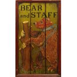 19/20th Century Painted Wood Pub Sign "Bear and Staff". Unsigned. Rubbing and Paint Losses, Good