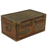 Modern Chinese Basket Weave and Carved Wood Small Trunk. Decorated with a Courtyard scene. Unsigned.