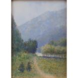 Possibly George Wright, American (1872-1951) "Untitled" Pastel on Board. Depicts a landscape scene