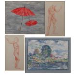 Grouping of Four (4) Signed Gitlin Works on Paper. Includes 2 nude studies drawings, pastel