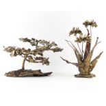 Two (2) Mid Century Brass Sculptures. One a bonsai tree signed Guilara, Good condition. Measures 12"