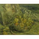 Modern Decorative Oil on Canvas Laid Down on Board "Still Life with Portrait" Unsigned. Creases or