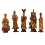 Grouping of Five (5) 19/20th Century Chinese Wood Carved Gilt Painted Figurines. Rubbing to wood,