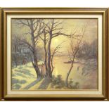 after: Yan Wenliang Chinese (1893-1990) Oil on Canvas "Cold Day at the Lake" Signed Lower Left. Very