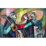 Lena Gurr, American (1897-1992) Oil on Board "Three Musicians" Signed Lower Left. Good Condition.