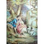 Pair of Vintage Paintings On Copper In Florentine Carved Giltwood Frames. "Romantic Scenes" One with