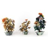 Three (3) 20th Century Chinese Hardstone Models of Trees in Hardstone Jardinières. One tree has a