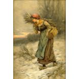 Edward Percy Moran, American (1862 - 1935) Watercolor "Gathering Wood" Signed Lower Right. Framed