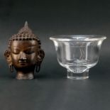 Grouping of Steuben Crystal Dish and Vintage Bronze Buddha Sculpture. Steuben is signed, bronze is